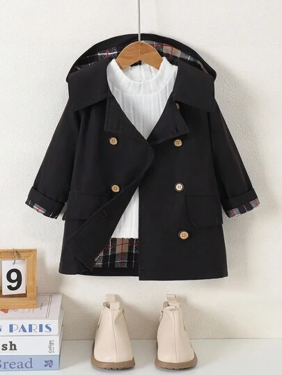 SHEIN PLAYFUL Pals Baby Boy Hooded Twill Trench Coat, Autumn/Winter Windbreaker For Children, Stylish Black Jacket For Baby Boys