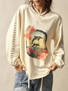 Bohemela 波西米亚风度假岛休闲海豚印花针织T恤女款 - 杏色 - 查看 3