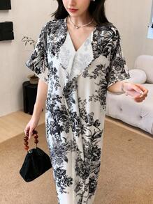 DAZY Ladies" V-Neck Batwing Sleeve Vacation Style Spring/Summer Dress Floral Sundress - Apricot - View 7