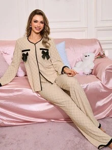 SweetSlumber Conjunto de pijama de mujer con patrón de tartán elegante, cómodo y suave, con lazo decorativo, de manga larga y pantalón, para otoño - Albaricoque - Ver 5