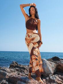 Opulessa 1 Set Women Solid Color Knit Halter Backless Top And Knit Mesh Printed Low Waist Fitted Mermaid Hem Skirt, Beach Outfit Two Piece Maxi Skirt Set Beach Maxi Dress Floral Maxi Skirt Floral Two Piece Set Strapless Maxi Dress