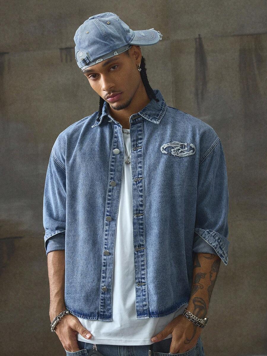 AXEPEAK Men's Washed Patch Craft Stylish Short Denim Jacket, Fall - Blue - View 1