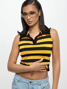 SUMWON WOMEN 无袖橄榄球风格条纹背心针织领夏季学院风经典时尚休闲装学院风 Y2K 复古 Polo 衫背心 - 黑色 - 查看 5