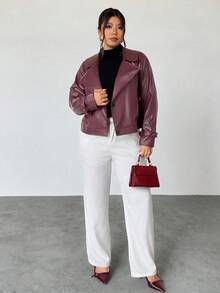Firerie Chaqueta de piel sintética de unicolor con cuello de solapa y manga larga para mujer de talla grande, otoño - Burdeos - Ver 7