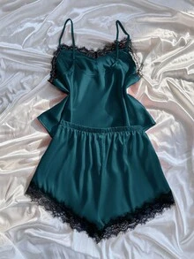 SilkySpell Faux Silk Lace Trim Camisole And Shorts Pajama Set Lace Sleepwear Set Lace Pajama Set Satin Sleepwear Set Dark Green Lingerie Satin Pajama Set