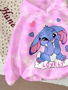 SHEIN 少女可爱卡通蓝色兔子图案，清新粉色扎染，休闲简约卡通图案宽松圆领长袖卫衣，适合秋冬季节穿着，舒适百搭，秋季叠穿，时尚休闲，图案印花，返校季/返校节可爱针织卫衣动漫卫衣卡哇伊 - 彩色 - 查看 3