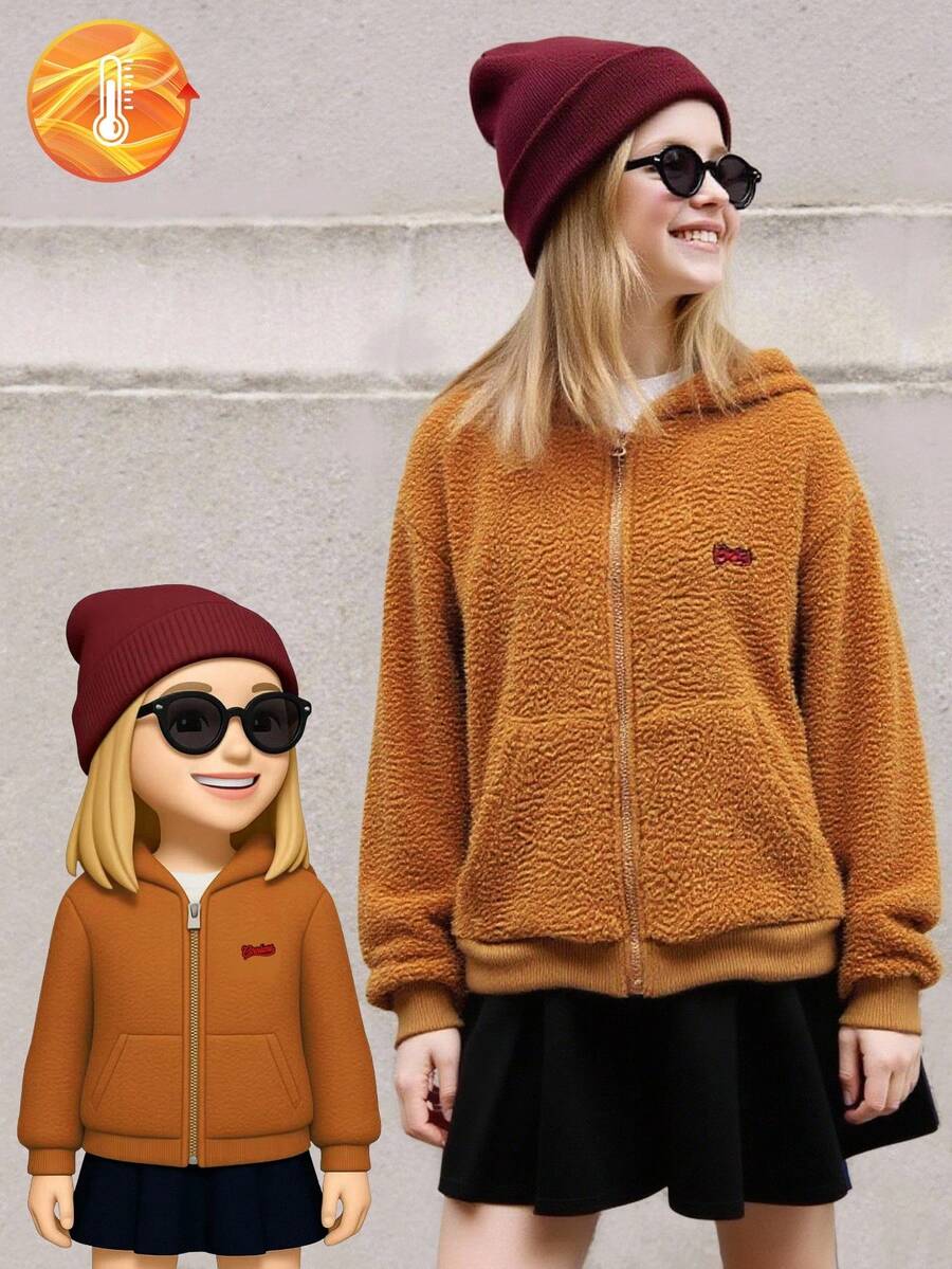 SHEIN Tween Girl Loose - Fit Brown Fuzzy Zip - Up Hooded Jacket With Letter - Patch Decoration, An Autumn And Winter Style, Suitable For Wearing To School, For Outings, At Parties, During Out - Of - Home Activities And For Sports. Zip Up Jackets Tween  Girls Fall Jacket Teddy Bear Jacket - Brown - View 1
