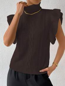 Chiquease Women's Solid Color High Collar Cap Sleeve Knit Casual Pullover Sweater Vest - Coffee Brown - View 4