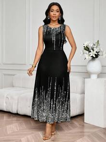 SHEIN Lady 女士优雅水钻装饰无袖连衣裙 - 銀色 - 查看 6