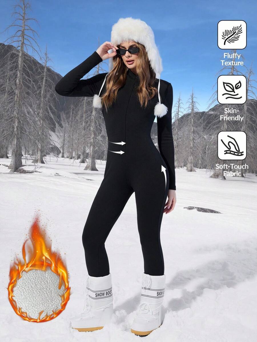 Muchica Women's Casual Tight Fit Thermal Lined Thick Warm Long Sleeve Jumpsuit, Clothes Suitable For Autumn/Winter