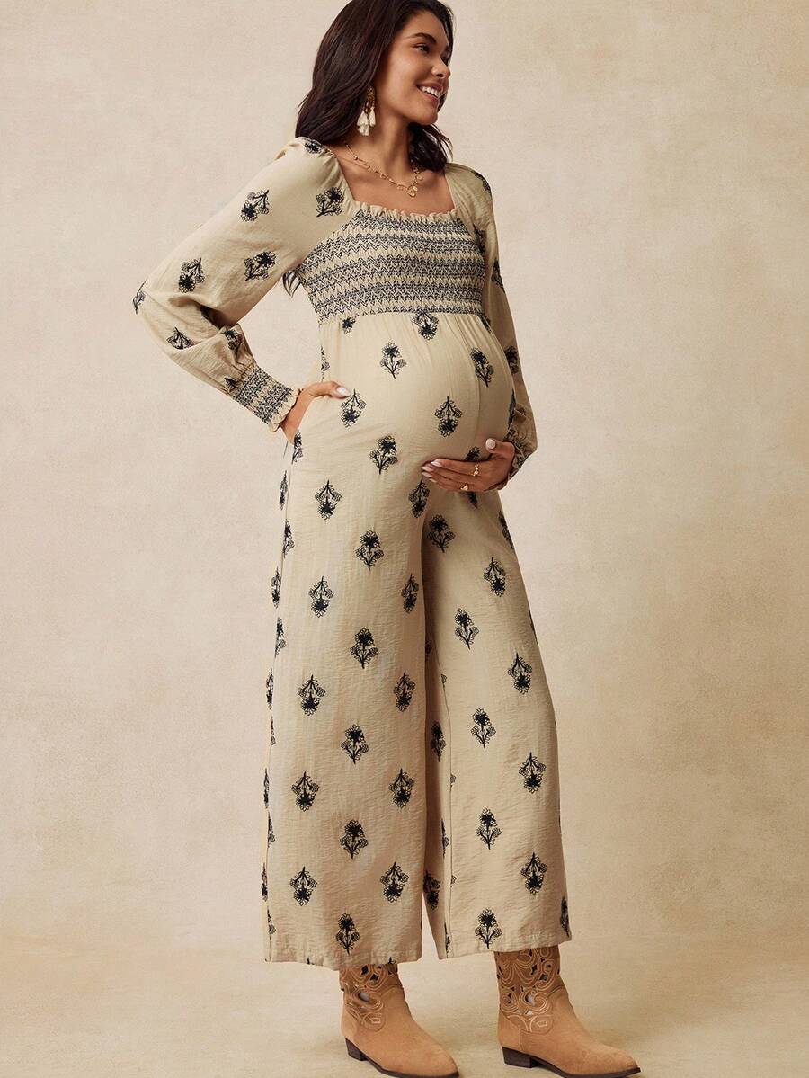 Boho Mama 孕妇花卉印花波浪条纹宽松长袖度假连体裤 - 卡其色 - 查看 1