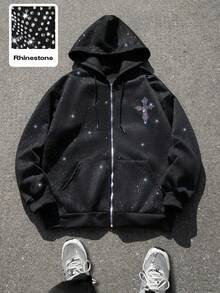 Manfinity EMRG Men Zip-Up Halloween Zip Up Hoodie, Cross Rhinestone Hoodie Rhinestone Zip Up Hoodie, Fall Winter - Black - View 1