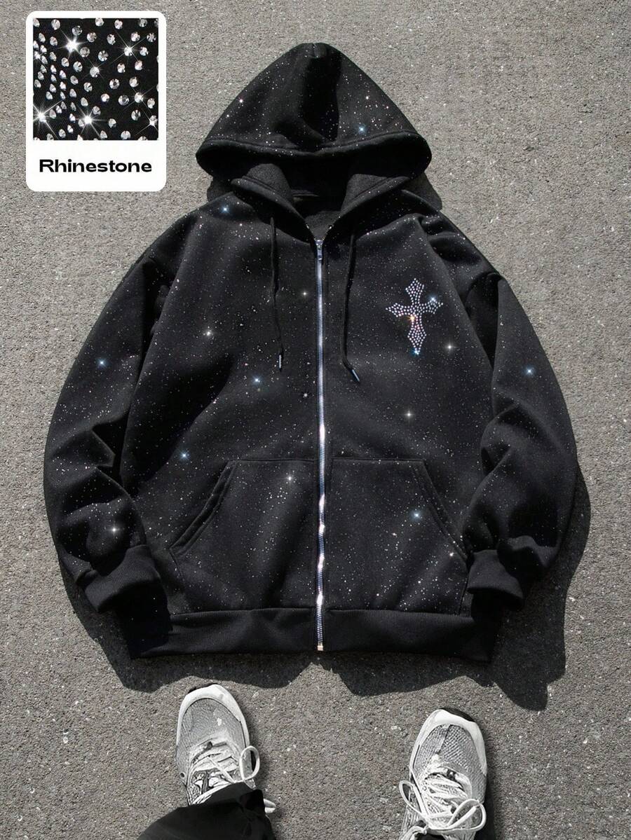 Manfinity EMRG Men Zip-Up Halloween Zip Up Hoodie, Cross Rhinestone Hoodie Rhinestone Zip Up Hoodie, Fall Winter - Black - View 1