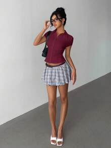 Aloruh 女士优雅通勤休闲纯白色短袖褶腰衬衫，百搭春夏季 - 紫紅色 - 查看 6