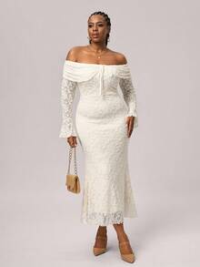 SHEIN Tall CURVE Damen Große Größen Off-Shoulder Langarm Bodycon Kleid mit Vorderbindung, Silvester Kleid für Frauen - Beige - Übersicht 5