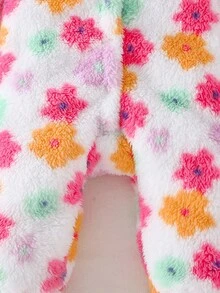 SHEIN Explorewe 女婴蓬松彩色碎花图案连帽长袖连体衣，前拉链设计，玫瑰红蝴蝶结装饰帽子，秋冬款 - 白色 - 查看 7