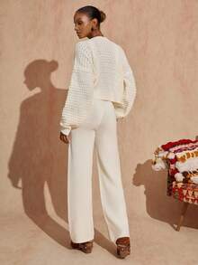 Bóhologie Pull ample à col rond décontracté, manches ballons, tricot torsadé, doux et confortable, toucher chaud. Pantalon large taille haute en tricot, look pyjama confortable pour l'automne et l'hiver pour les femmes