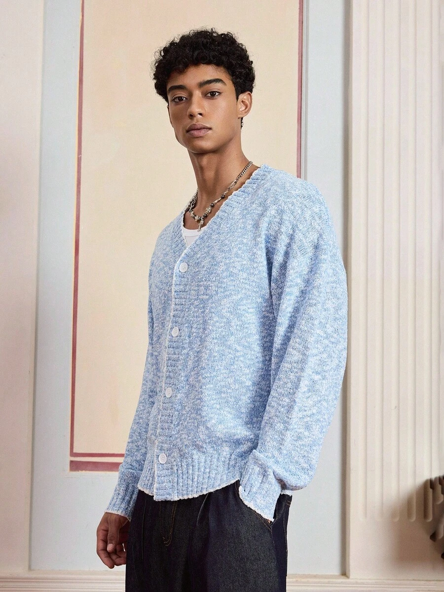 Manfinity VCAY Casual Button-Up Long Sleeve Cardigan For Men, Suitable For Everyday Wear, For Fall Winter - Blue - View 1