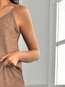 SHEIN 孕妇纯色吊带背心、裤子和前开式外套两件套，秋冬 - 駝色 - 查看 7