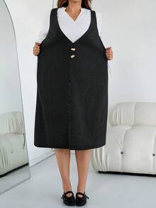 SHEIN CURVE+ 女士黑色秋冬V领A字连衣裙，教师制服，女士所有服装，万圣节服装，女士乡村风格，别致秋季