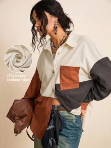 SHEIN LUNE Áo sơ mi rộng rãi màu sắc khối nhung retro giản dị cỡ lớn - Nhiều màu - Xem 1