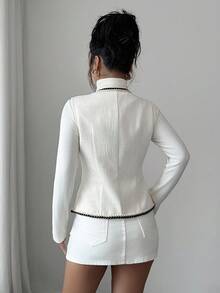 Selianne 女式优雅无袖背心夹克，单排扣缎带设计，秋季 - 白色 - 查看 2