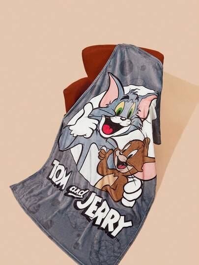 TOM & JERRY X SHEIN 1 件灰色卡通图案法兰绒厚毯，柔软温暖，防脱落，多种尺寸，适合沙发、床、午睡