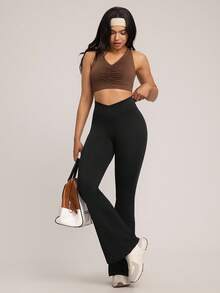 Hanevo Women Seamless Solid Color Flared Sports Pants - Black - View 5
