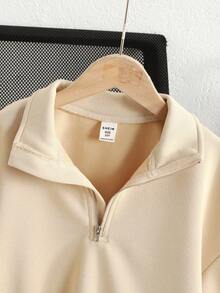 SHEIN 少女休闲基础款半拉链高领浅灰色卫衣，秋冬季女童卫衣 - 卡其色 - 查看 4