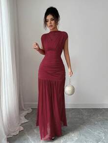 Elenzga Váy chữ A xếp ly hở vai phối lưới hở lưng màu đỏ thời trang mới, không tay, gợi cảm, phù hợp cho tiệc tốt nghiệp, sự kiện ngày lễ, hẹn hò - Màu Đỏ Sâu - Xem 4
