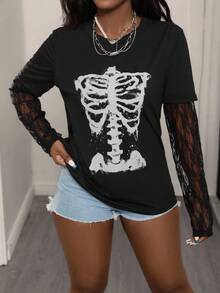 EMERY ROSE Women's Lace Patchwork Long Sleeve Skeleton Print Round Neck Fashion T-Shirt - Black - View 4