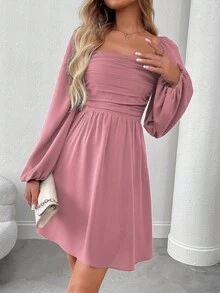 EMERY ROSE 女式纯色简约方领长袖连衣裙，休闲日常穿着 - 藕粉色 - 查看 3
