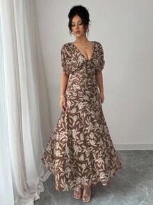 Elenzga Váy maxi chữ A dáng dài cổ chữ V buông vai thanh lịch kiểu Pháp dành cho nữ, thích hợp đi biển, tiệc trà chiều, tiệc tùng - Màu nâu Sô-cô-la - Xem 7