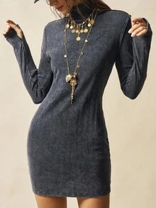Bohemela Casual Solid Color Knit Turtleneck Long Sleeve Mini Dress For Women - Black - View 7