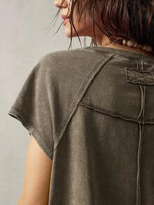 Bohemela Vintage Distressed Patchwork Short Sleeve T-Shirt,Brown Top