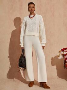 Bóhologie Pull ample à col rond décontracté, manches ballons, tricot torsadé, doux et confortable, toucher chaud. Pantalon large taille haute en tricot, look pyjama confortable pour l'automne et l'hiver pour les femmes