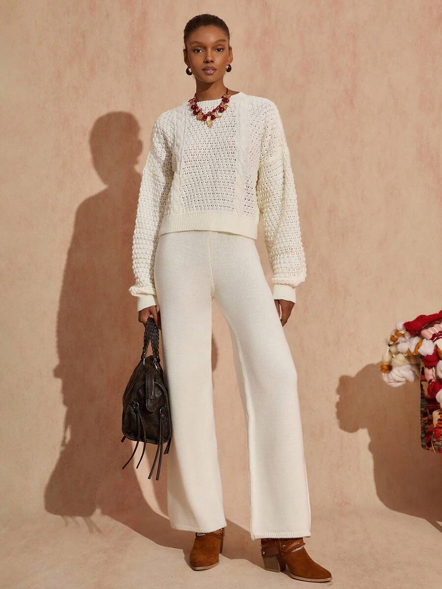 Bóhologie Pull ample à col rond décontracté, manches ballons, tricot torsadé, doux et confortable, toucher chaud. Pantalon large taille haute en tricot, look pyjama confortable pour l'automne et l'hiver pour les femmes