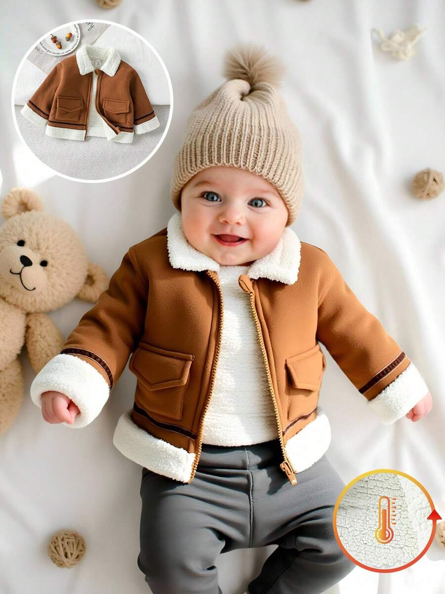 SHEIN Infant/Toddle Baby Boy Suede And Plush One-Piece Stand Collar Jacket, Stylish Street-Wear, Baby Boy Clothes, Children Clothing, Baby Boy Sets Baby Boy Fleece Jacket Winter Baby Clothes Baby Coat Baby Boy Winter Coat Baby Boy Jacket Fall - Brown - View 1