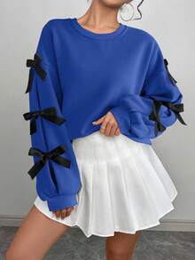 SHEIN Unity Women's Valentine's Day Date Bow Decor Sweatshirt Fall Cloth For Women - Royal Blue - View 4
