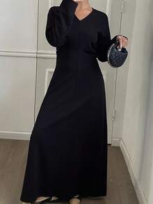 DAZY Vestido elegante de manga larga con cuello en V ajustado y cintura ceñida de unicolor para mujeres, otoño/invierno - Negro - Ver 3