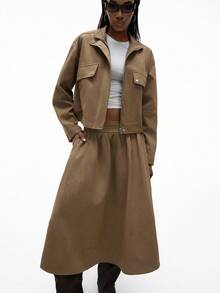 GENKIRA 新款时尚女士两件套，绒面革复古卡其色经典口袋设计感纽扣高端工装风格立领女士两件套 - 卡其色 - 查看 4