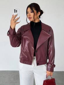 Firerie Chaqueta de piel sintética de unicolor con cuello de solapa y manga larga para mujer de talla grande, otoño - Burdeos - Ver 6