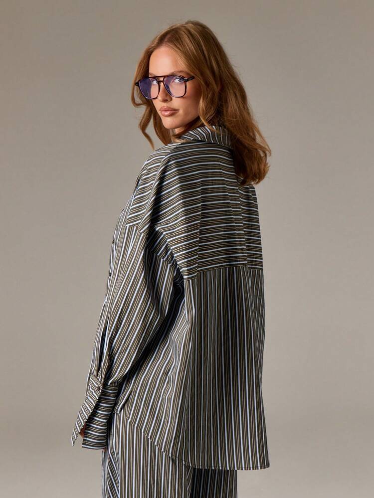 Oversized Striped Button Down Shirt With Patch Pocket