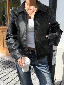 Muchica 女式休闲街头风格拉链黑色 PU 皮夹克，秋冬 - 黑色 - 查看 6
