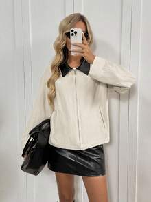 SHEIN LUNE 撞色PU领拉链斜插口袋休闲宽松女式通勤夹克，夏季机场大码外套，秋冬季适用 - 杏色 - 查看 6