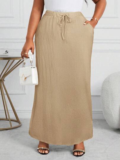 SHEIN Lady 2025新款加大码女式优雅卡其色针织面料长裙，弹力腰带，夏季长裙，抽绳设计，商务休闲外出皆宜