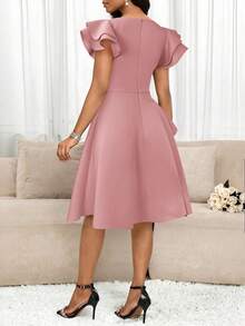 SHEIN Lady Women's Solid Color Sweetheart Neck Ruffle Sleeve Elegant Rhinestone Waist Dress - Pink - View 3