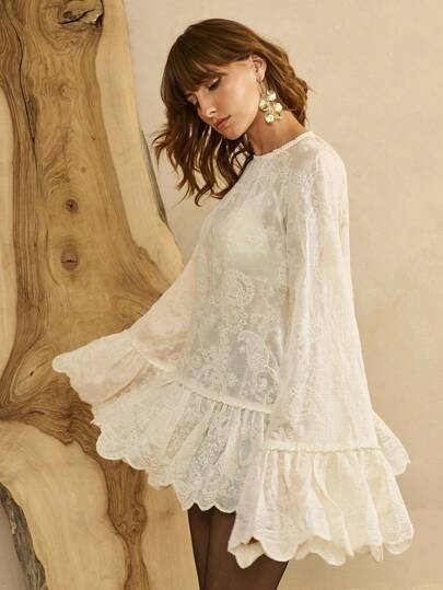 Arave Women's Solid Color Embroidered Floral Crew Neck Long Flare Sleeve Lace Pearl Chain Elegant Urban Women Blouse, Spring/Summer/Autumn Fall Cloth For Women