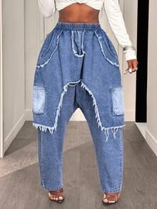 Slaydiva Women's Elastic Waist Frayed Hem Loose Harem Casual Jeans Baggy Jeans Y2k Oversized Jeans Frayed Jeans Patchwork Jeans Loose Jeans Distressed Jeans Ripped Jeans Denim Pants - Light Wash - View 2