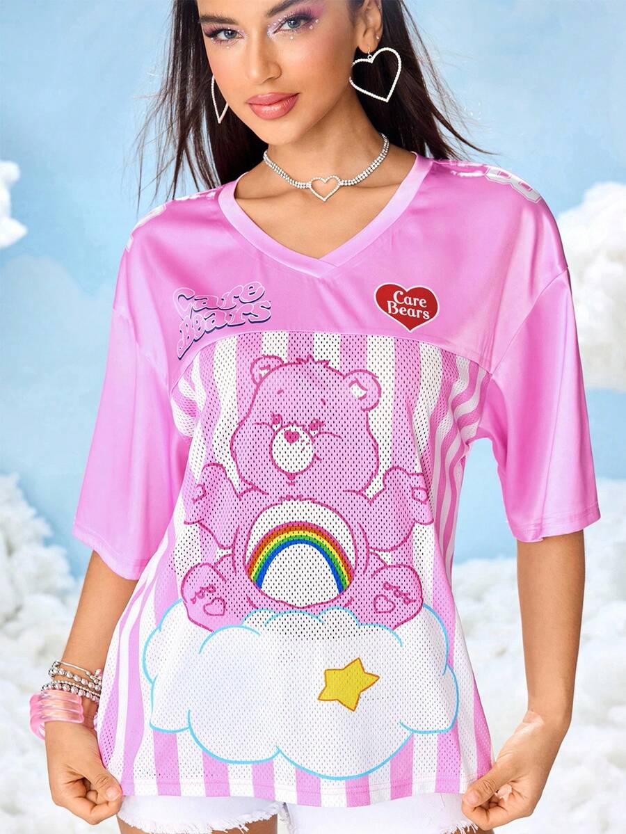 SHEIN X Care Bears Damtopp med tecknad björntryck och v-ringning, kortärmad - Rosa - Visa 1